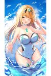 1girl absurd_res adapted_costume alluring big_breasts blonde_hair chest_jewel headpiece high_res karuushi long_hair mythra mythra_(radiant_beach)_(xenoblade) nintendo ocean one-piece_bikini one-piece_swimsuit swept_bangs swimsuit tiara very_long_hair water white_one-piece_bikini white_one-piece_swimsuit xenoblade_(series) xenoblade_chronicles_2 yellow_eyes