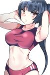 1girl alluring alternate_costume alternate_hairstyle bare_shoulders big_breasts blunt_bangs bra buruma collarbone creatures_(company) female_only game_freak high_res long_hair midriff natsume_(pokemon) navel nintendo pokemon pokemon_frlg ponytail red_bra red_buruma sabrina sabrina_(pokemon) simple_background sports_bikini sumida_kichi track_uniform underwear white_background