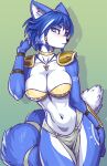  1girl alluring anthro big_breasts blue_eyes blue_fur blue_hair cleavage fox_ears fox_girl fox_tail furry krystal loincloth luigiix nintendo revealing_clothes shoulder_pads solo_female star_fox star_fox_assault voluptuous white_fur 