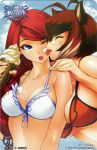 2girls :o ahoge animal_ears arc_system_works artist_request bare_shoulders between_breasts bikini_top blazblue blazblue:_continuum_shift blue_eyes breasts brown_hair bust cleavage closed_eyes cloud dripping food front-tie_top hair ice_cream large_breasts licking long_hair makoto_nanaya multiple_girls official_art open_mouth red_hair scan short_hair sky squirrel_ears swimsuit tongue toshocard tsubaki_yayoi very_long_hair wink yuri