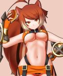  1girl akimichi animal_ears antenna_hair arc_system_works blazblue blazblue:_continuum_shift bread breasts brown_hair fingerless_gloves food gloves halter_top halterneck hand_on_hip highleg hips jpeg_artifacts large_breasts looking_at_viewer makoto_nanaya miniskirt multicolored_hair nanaya_makoto navel no_bra orange_skirt panties pantyshot revealing_clothes simple_background skirt solo squirrel_ears squirrel_girl squirrel_tail tail tonfa tubetop two-tone_hair underboob underwear weapon_on_back 