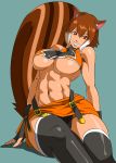 1girl abs ahoge animal_ears antenna_hair arc_system_works belt black_legwear blazblue blazblue:_continuum_shift breasts brown_hair fingerless_gloves gloves grin huge_breasts kemonomimi kishio_(agedama) makoto_nanaya miniskirt multicolored_hair muscle muscular navel orange_skirt panties pantyshot pantyshot_(sitting) red_eyes revealing_clothes short_hair simple_background sitting skirt smile solo squirrel_ears squirrel_tail stocking tail thighhighs two-tone_hair underboob underwear upskirt white_hair