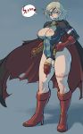 belt blonde_hair boots breasts cape cleavage clone corruption dc dc_comics evil eyepatch flaccid full_body futanari gloves gradient gradient_background mikoyan penis power_girl skin_tight smile solo superhero tattoo