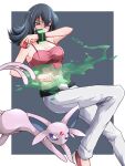  1girl alluring big_breasts black_background black_hair border bracelet camisole cleavage clenched_hand creatures_(company) crop_top energy espeon game_freak gen_2_pokemon glowing glowing_hand high_res holding holding_poke_ball jewelry kakuremino7928 medium_hair midriff natsume_(pokemon) navel nintendo pants pink_footwear pink_shirt poke_ball pokemon pokemon_(creature) pokemon_hgss psychic red_eyes sabrina sabrina_(pokemon) shirt shoes spaghetti_strap white_border white_pants 