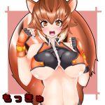 1girl animal_ears arc_system_works blazblue blazblue:_continuum_shift blush breasts brown_eyes brown_hair fingerless_gloves gloves highres large_breasts looking_at_viewer makoto_nanaya midriff mokkyu revealing_clothes smile solo squirrel_ears squirrel_tail tail underboob