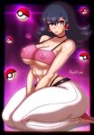 1girl alluring artist_name athletic_female beg4cake big_breasts black_hair blue_hair blush closed_mouth clothing_cutout covered_erect_nipples creatures_(company) curvy dark_blue_hair earrings female_abs fit_female game_freak high_res jewelry long_hair looking_at_viewer natsume_(pokemon) navel_cutout nintendo pants poke_ball pokemon pokemon_hgss purple_eyes sabrina sabrina_(pokemon) sweatdrop telekinesis under_boob white_pants