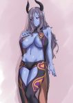 1girl areola_slip areolae bare_shoulders black_hair black_sclera blue_skin breasts chaps demon_girl flootier florte groin hair_over_one_eye highres horns huge_breasts long_hair looking_at_viewer mound_of_venus navel nipples obmas_(pfeito) pointy_ears red_eyes solo summon_night summon_night_5