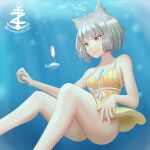 1girl absurd_res alluring animal_ears ass blunt_bangs cat_ears chest_jewel cleavage core_crystal_(xenoblade) facial_mark fishing_hook grey_hair high_res holding_breath nia nia_(xenoblade) nintendo puffy_cheeks short_hair small_breasts swimsuit underwater xenoblade_(series) xenoblade_chronicles_2 yellow_eyes zambonito