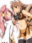 2girls animal_ears antenna_hair arc_system_works between_breasts blazblue blazblue:_continuum_shift blush bracelet breasts brown_hair candy cat_ears cat_tail fang female glasses hair_ribbon highres jewelry kokonoe labcoat lollipop long_hair makoto_nanaya midriff miniskirt mirano multiple_girls multiple_tails nanaya_makoto navel open_mouth orange_eyes orange_skirt pink_hair plump ponytail red_eyes revealing_clothes ribbon short_hair skirt squirrel_ears squirrel_tail stocking tail thighhighs underboob yellow_eyes yellow_ribbon