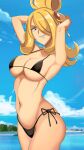  1girl 1girl alluring alternate_breast_size arms_behind_head big_breasts big_breasts big_breasts bikini black_bikini blonde_hair cleavage cynthia cynthia_(pokemon) female_only grin hair_ornament hips human long_hair navel nintendo pokemon pokemon_dppt pose side-tie_bikini smile vivivoovoo 