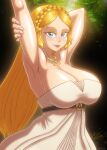  1girl alluring arms_behind_head beg4cake big_breasts blonde_hair cleavage dress elf high_res long_hair looking_at_viewer nintendo pointy_ears princess princess_zelda seductive_smile shiny_skin smile the_legend_of_zelda the_legend_of_zelda:_tears_of_the_kingdom 