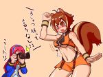 2girls animal_ears antenna_hair arc_system_works bare_shoulders belly blazblue blazblue:_continuum_shift blush bouncing_breasts breasts brown_eyes brown_hair camera clenched_fist clenched_hand crop_top female hair halter_top halterneck long_hair makoto_nanaya midriff miniskirt multicolored_hair multiple_girls nanaya_makoto navel orange_skirt red_hair revealing_clothes school_uniform shima_p shima_p_(jojo) short_hair simple_background skirt squirrel_ears squirrel_girl squirrel_tail tail tears text translation_request tsubaki_yayoi tubetop underboob