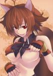 1girl animal_ears antenna_hair arc_system_works bare_shoulders blazblue blazblue:_continuum_shift breasts brown_hair fingerless_gloves gloves makoto_nanaya midriff nanaya_makoto naughty_face navel revealing_clothes shirt_lift short_hair solo squirrel_ears squirrel_girl squirrel_tail tail tease teasing underboob yude