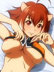 1girl animal_ears arc_system_works areola_slip areolae bad_id blazblue blazblue:_continuum_shift blush breasts brown_eyes brown_hair ito_(artist) ito_hajime large_breasts lying makoto_nanaya nanaya_makoto nipple_slip nipples short_hair smile solo squirrel_ears squirrel_girl squirrel_tail tail underboob