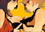  2girls animal_ears arc_system_works bare_shoulders black_hair blazblue blazblue:_calamity_trigger blazblue:_continuum_shift breast_press breasts brown_hair cleavage glasses kinako_(marubotan) large_breasts litchi_faye_ling makoto_nanaya marubotan multicolored_hair multiple_girls oekaki red_eyes short_hair simple_background squirrel_ears symmetrical_docking underboob yuri 