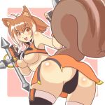 animal_ears arc_system_works ass black_panties blazblue blazblue:_continuum_shift blush breasts brown_eyes brown_hair dual_wielding kin-shun large_breasts looking_back makoto_nanaya multicolored_hair panties pantyshot pantyshot_(standing) short_hair smile squirrel_ears squirrel_tail standing tail thighhighs tonfa two-tone_hair underboob underwear weapon white_hair