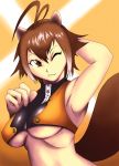 animal_ears antenna_hair arc_system_works blazblue blazblue:_continuum_shift breasts brown_eyes brown_hair gum_(gmng) gumidemo_kandero jam_(pixiv172700) jam_(pixiv219454) jam_nkjm makoto_nanaya squirrel_ears squirrel_tail tail underboob zipper