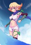  1girl 1girl alluring bare_shoulders between_breasts blonde_hair blue_eyes blue_sky closed_mouth cloud commentary_request day flipped_hair groin high_res kid_icarus kid_icarus_uprising looking_at_viewer medium_breasts navel nintendo outside phosphora plant short_shorts shorts sky smile standing tirari9336_(mochila9336) vines white_shorts 