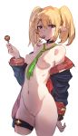  1girl between_breasts blonde bottomless bow_(bhp) breasts candy chloe_(princess_connect!) choker coat female_only female_solo food green_neckwear groin hair_between_eyes hair_tie hips holding holding_candy holding_food holding_object innie lollipop long_sleeves looking_at_viewer navel neck_tie necktie_between_breasts no_bra open_clothes open_coat paipan pointed_ears princess_connect! princess_connect!_re:dive purple_eyes pussy scrunchie short_hair simple_background sketch skindentation slender_waist small_breasts standing thigh_strap thighs tied_hair twin_tails uncensored white_background wrist_scrunchie 