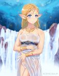 1girl blonde_hair blue_eyes bracelet dress dress_lift koshio koshiosaur long_hair looking_at_viewer medium_breasts necklace night nintendo outside panties princess_zelda see-through see-through_clothing small_breasts starry_sky stars strapless_dress the_legend_of_zelda the_legend_of_zelda:_tears_of_the_kingdom waterfall wet wet_clothes wet_dress wet_hair wet_panties white_dress white_panties