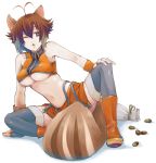 1girl acorn animal_ears antenna_hair arc_system_works artist_request bad_id bare_shoulders between_legs blazblue blazblue:_continuum_shift boots breasts brown_eyes brown_hair crop_top fingerless_gloves gloves hitachitaga makoto_nanaya midriff nanaya_makoto navel one_eye_closed orange_skirt short_hair skirt solo squirrel_ears squirrel_girl squirrel_tail suspenders tail tail_between_legs thigh_boots thighhighs underboob wink wrist_cuffs