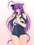 animal_ears asobi_ni_iku_yo! bell big_breasts blush breasts high_res huge_breasts kuune one-piece_swimsuit purple_eyes purple_hair pussy swimsuit tail