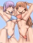 2_girls abs alluring armpits arms_behind_head arms_up asymmetrical_docking ayane ayane_(doa) biceps bikini blush breast_press breasts brown_eyes brown_hair cameltoe dead_or_alive headband kasumi kasumi_(doa) kunoichi long_hair multiple_girls muscular purple_hair red_eyes siblings sisters swimsuit tecmo under_boob voluptuous zenkou