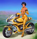 2013 alex_(totally_spies) big_breasts bikesuit black_hair bodysuit breasts brown_eyes dark-skinned_female dark_skin drew_gardner_(artist) motorcycle solo totally_spies unzip