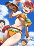  1girl 2boys awa bag beach belt bikini blue_sky breasts brown_eyes brown_hair cloud dutch_angle employee_uniform fanny_pack fast_food_uniform food frilled_bikini frilled_swimsuit frills from_below hataraku_maou-sama! large_breasts light_rays multiple_boys open_mouth orange_bikini orange_swimsuit outstretched_arms sasaki_chiho sky smile spread_arms summer sunbeam sunlight sweat swimsuit teeth tray twintails uniform visor_cap waitress walking wristband 