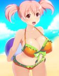 1girl arms_behind_back ball beach beachball bikini blue_sky bow breasts brown_eyes cloud frilled_bikini frills hataraku_maou-sama! huge_breasts kyoku_tou midriff navel open_mouth pink_hair sasaki_chiho short_hair short_twintails sky solo strap_gap swimsuit twintails