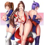 3_girls alluring areola ayane ayane_(doa) bangs bare_shoulders big_breasts breasts brown_eyes brown_hair choker cirvy closed_mouth collarbone commentary_request dead_or_alive eyebrows_visible_through_hair fan fatal_fury female_abs female_focus fingernails hands_on_own_chest headband high_res holding japanese_clothes kasumi kasumi_(doa) kunoichi lips long_hair looking_at_viewer looking_back matching_hair/eyes multiple_girls ninja nipples nyatokanyaru open_mouth parted_bangs pelvic_curtain ponytail purple_hair purple_legwear red_eyes serious shiny shiny_clothes shiny_hair shiny_skin shiranui_mai short_hair short_sleeves simple_background smile snk standing stockings take_your_pick tecmo thick_thighs thighs tied_hair voluptuous white_background white_legwear wide_hips