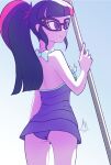 1_girl 1girl 2018 ass bespectacled equestria_girls female female_only friendship_is_magic glasses long_hair mostly_nude my_little_pony one-piece_swimsuit ponytail purple_skin raikoh_(artist) sci-twi solo standing swimsuit twilight_sparkle twilight_sparkle_(mlp)