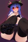 1girl absurd_res black_legwear black_panties blue_hair bow bow_panties dot_r feet high_res hinanawi_tenshi looking_at_viewer navel panties perspective pov_feet red_eyes smile solo stockings thighs touhou underwear