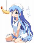  1girl blue_eyes blue_hair blush dress food hat high_res highres hiro_hiroki ikamusume shinryaku!_ikamusume shrimp shrimp_tempura sitting solo tears tempura tentacle_hair translation_request trembling wariza 