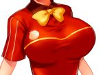 1girl bow breasts close-up clothes_writing employee_uniform fast_food_uniform hataraku_maou-sama! head_out_of_frame impossible_clothes impossible_shirt large_breasts mcdonald's oppaishikakakanai polo_shirt sasaki_chiho shirt solo taut_clothes taut_shirt uniform