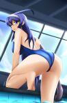  1girl ass blue_eyes blue_swimsuit eyebrows_visible_through_hair female female_only long_hair looking_at_viewer morris morris1611 mostly_nude one-piece_swimsuit orie_(under_night_in-birth) pool rei_no_pool solo_female swimming_pool swimsuit under_night_in-birth wet_hair 