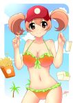  1girl bad_id beach bikini breasts brown_eyes brown_hair cloud food french_fries hat hataraku_maou-sama! junk_doppel palm_tree parasol sasaki_chiho short_hair short_twintails sky smile solo swimsuit tree twintails umbrella visor_cap 