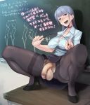  1girl blue_eyes blue_hair breasts chalkboard choker classroom flaccid foreskin full-package_futanari futanari high_heels large_breasts large_testicles lipstick long_hair makeup mole newhalf original pantyhose penis shoes solo spread_legs squatting teacher testicles thighband_pantyhose thighs torn_clothes torn_pantyhose translation_request uncensored yaziri 