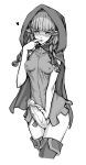  1girl blush boots braid cloak covered_nipples dragon's_crown elf elf_(dragon's_crown) erect_nipples erection finger_in_mouth futanari heart hood large_penis long_hair monochrome no_pants penis pointy_ears precum small_breasts solo task_(artist) taut_clothes thigh_boots thighhighs twin_braids veins veiny_penis 