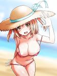  1girl areolae beach bikini blush breasts brown_eyes brown_hair cleavage hat hat_ribbon hataraku_maou-sama! highres large_breasts navel off_shoulder open_mouth red_bikini ribbon sasaki_chiho shiny shiny_skin short_hair skindentation smile solo strap_slip sun_hat swimsuit thigh_gap two_side_up undressing wet zaxwu 