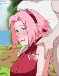 1boy1girl 1girl armpit bottomless hetero kink leinadxxx male/female naruto naruto_shippuden pink_hair precum_drip red_clothing sakura_haruno sleeveless small_penis standing sweat sweatdrop training white_shirt