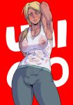 1girl abs armpits blonde_hair blue_eyes breasts bulge dark_skin full-package_futanari futanari lips long_hair mikoyan muscle see-through shirt sleeveless sleeveless_shirt solo sweat wet