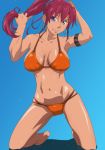  1boy armlet barefoot bellows_(suisei_no_gargantia) big_breasts bikini blue_background blue_eyes breasts censored cleavage closed_eyes earrings grin holding holding_hair hoop_earrings jewelry kneeling kyabakurabakufu large_breasts long_hair lying navel nipples nude on_back open_mouth penis pointless_censoring ponytail red_hair sex shiny shiny_skin smile solo solo_focus suisei_no_gargantia swimsuit vaginal 