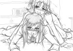  2girls aida_mana bed blush couple doggy_position dokidoki!_precure futanari futanari_with_female glasses happy_sex hishikawa_rikka implied_futanari long_hair monochrome multiple_girls precure saliva sex short_hair sketch tondabayashi 