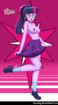 1girl bespectacled breasts clouddg equestria_girls female_only friendship_is_magic glasses long_hair looking_at_viewer my_little_pony no_bra partially_clothed ponytail skirt socks standing standing_on_one_leg topless twilight_sparkle twilight_sparkle_(mlp)