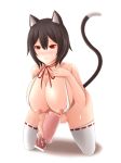 1girl animal_ears artificial_vagina azuki_(azki0214dai_z) bar_censor black_hair breasts cat_ears cat_tail censor_bar censored cum cum_on_body full-package_futanari futanari hanging_breasts highres huge_breasts kneeling masturbation neck_ribbon nipples original original_character penis pixiv_manga_sample red_eyes ribbon short_hair solo tail testicles thighhighs white_legwear