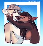  1girl 2016 abstract_background anthro black_nose blue_eyes blush breasts brown_fur brown_hair canine cheek_tuft dog drooling duo extreme_french_kiss fangs female/female frankie_(spoonyfox) fur furry hair half-closed_eyes kissing long_hair mammal nipples open_mouth original rokemi saliva sawyer_(tantrum) signature tan_fur tongue tuft 