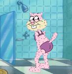 1girl 1girl ass bra cheeks clothing colored_skin furless furry looking_at_viewer mammal naughty_face nickelodeon no_fur on_back panties pink_skin presenting_ass purple_bra purple_panties purple_underwear sandy_cheeks seductive_smile sexy_pose shower smile smiling_face spongebob_squarepants squirrel tail teeth underwear