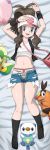 1girl blush cutoffs denim denim_shorts highres hilda_(pokemon) humans_of_pokemon long_hair looking_at_viewer midriff minccino munna navel nintendo open_fly open_mouth oshawott panties pokemoa pokemon pokemon_(game) pokemon_(species) pokemon_bw shiny shiny_skin shirt_lift short_shorts shorts smile snivy soara tepig touko_(pokemon) underwear unzipped