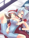 2girls areolae blue_eyes blue_hair blush breast_grab breast_hold breasts brown_hair erect_nipples fingering grabbing gym_leader ibuki_(pokemon) kotone_(pokemon) latex multiple_girls nintendo nipples on_bed open_mouth pokemon skin_tight through_clothes yuri